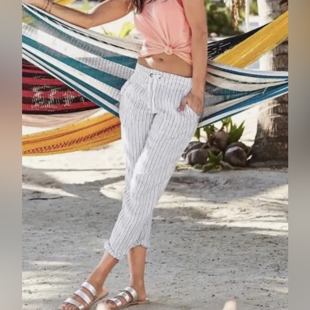Athleta White Herringbone Striped Linen Pants